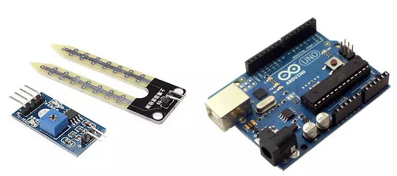 arduino uno with an attached soil moisture sensor