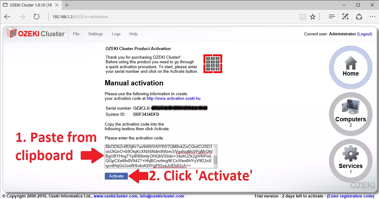 pasting product activation code to ozeki cluster