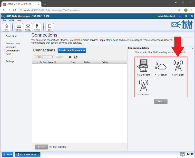 selecting an smpp connection to register an ozeki smpp sms gateway