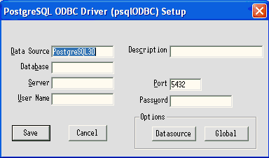 connection information form for psql odbc driver