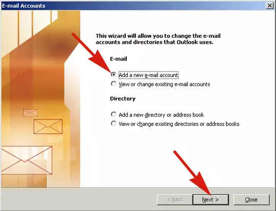 starting to create a new email account in ms outlook