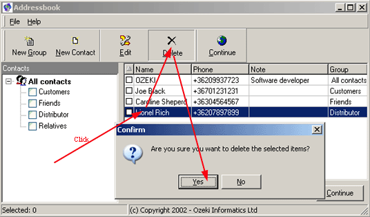 how to delete a contact person in ozeki sms client