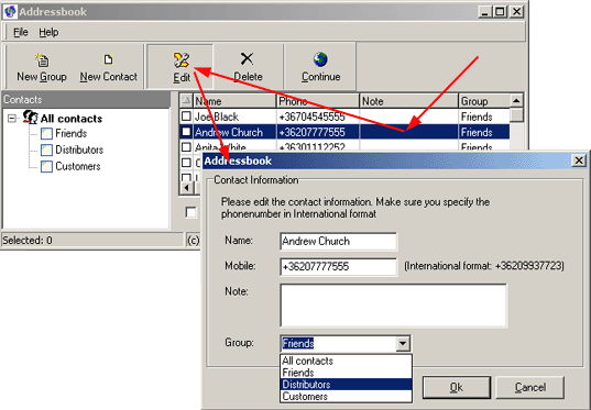 how to edit datas of a contact person in ozeki sms client