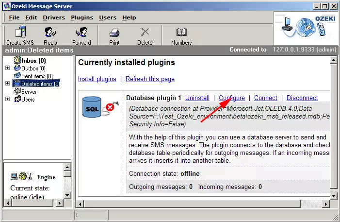 how to configure the ozeki message server database plugin
