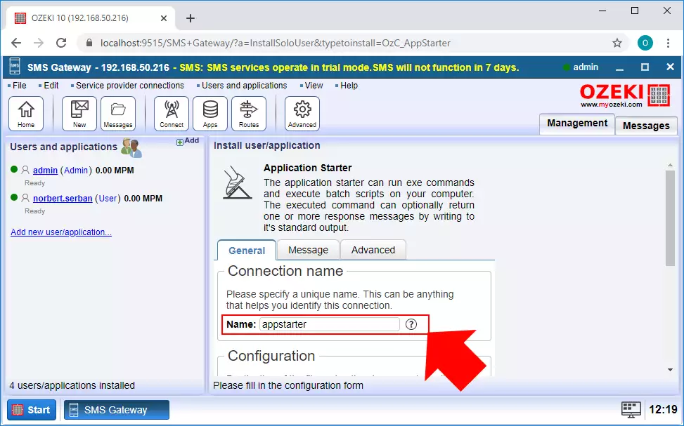 configure the application starter connection