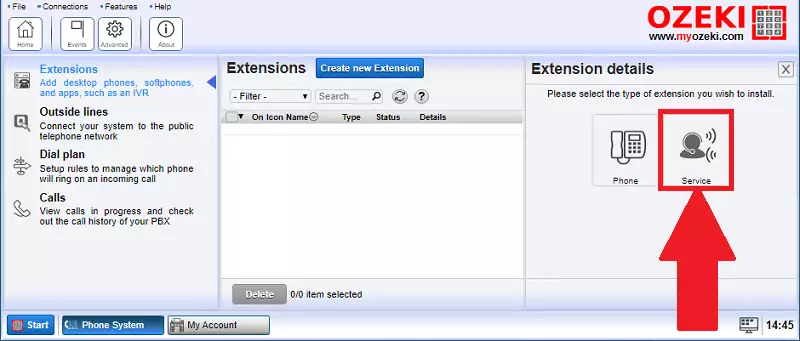 select service on extension details