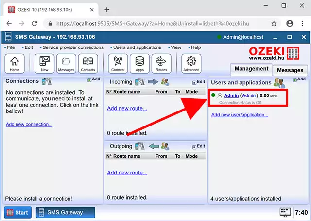 select admin user in ozeki sms gateway server software