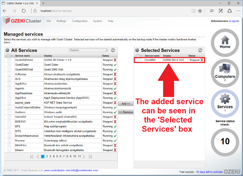 ozeki ng in the selected services list