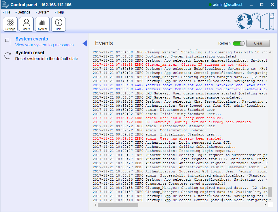 logs page of the ozeki cluster