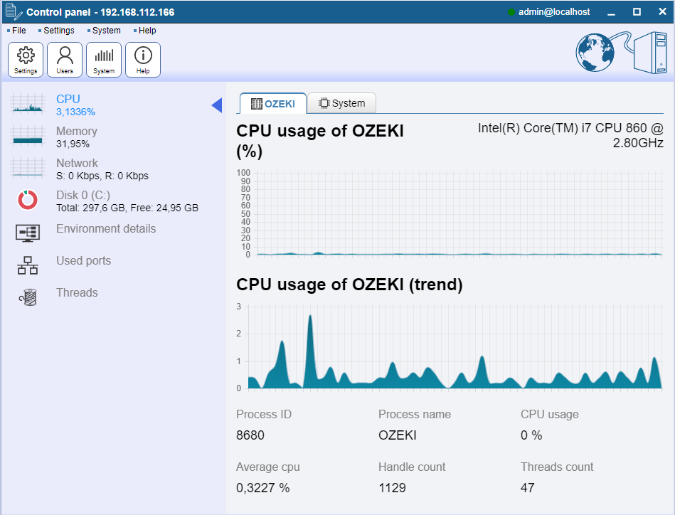 system information page of the ozeki cluster