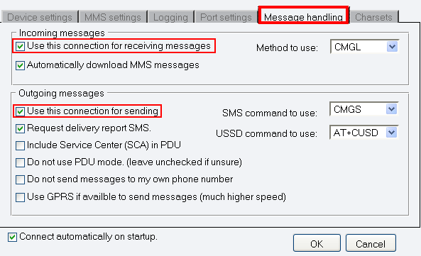 the message handling tab