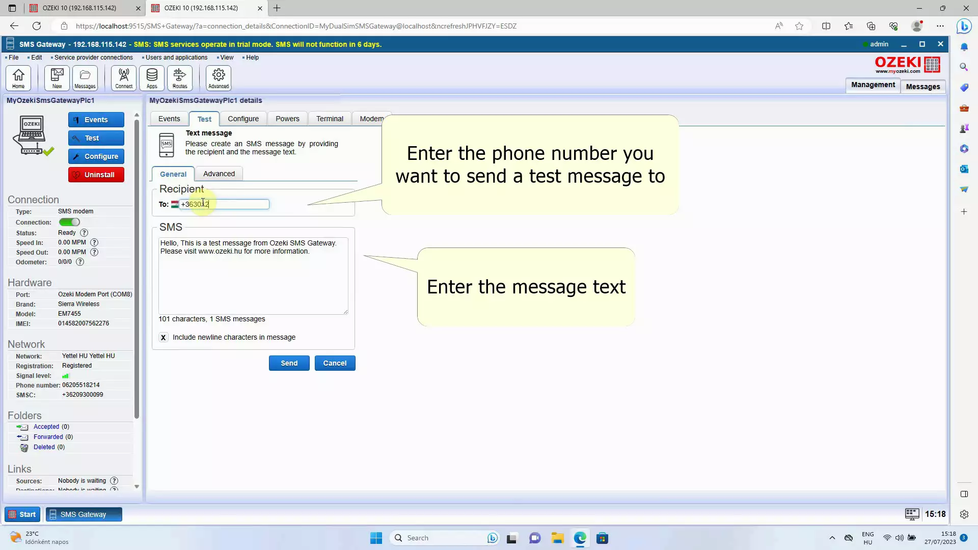 sms gateway details add recipient and sms body