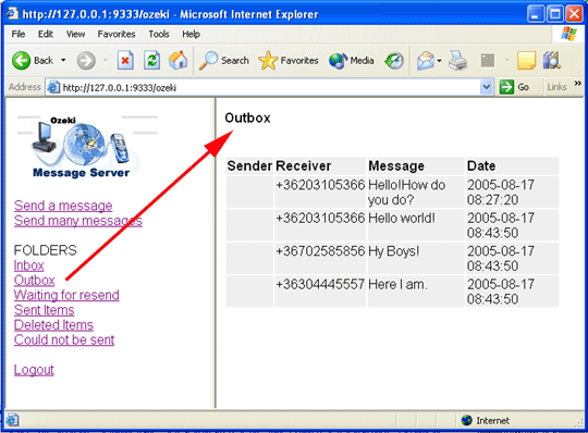 ozeki message server outbox link