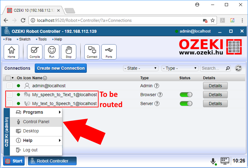 run control panel of ozeki 10