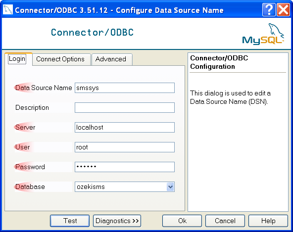 filling in the connector or odbc form