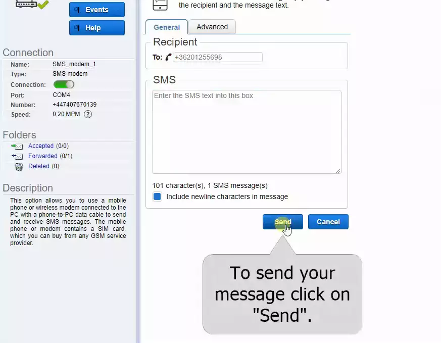 the sms can be sent by clicking on the send button